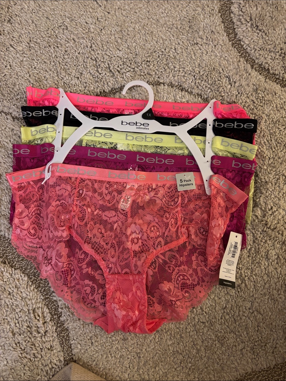 bebe Lace Hipster Panty 5-Pack in Coral, Black, Lime, Fuchsia, Purple